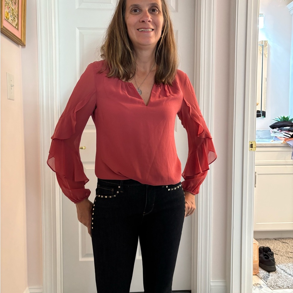 White House Black Market Red Blouse with Layered Sleeves